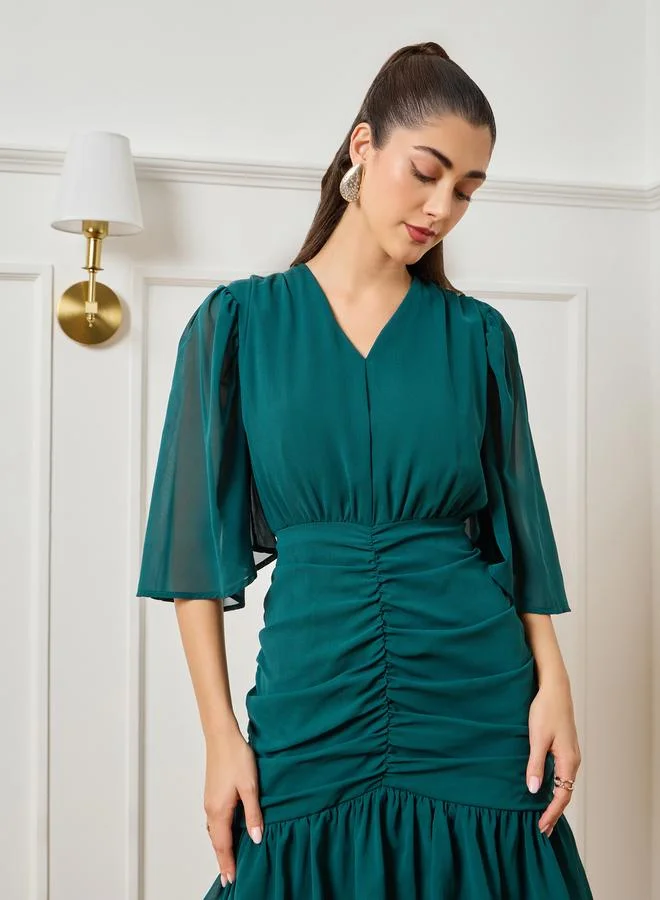 Styli Women Green Ruched Tiered Maxi Dress